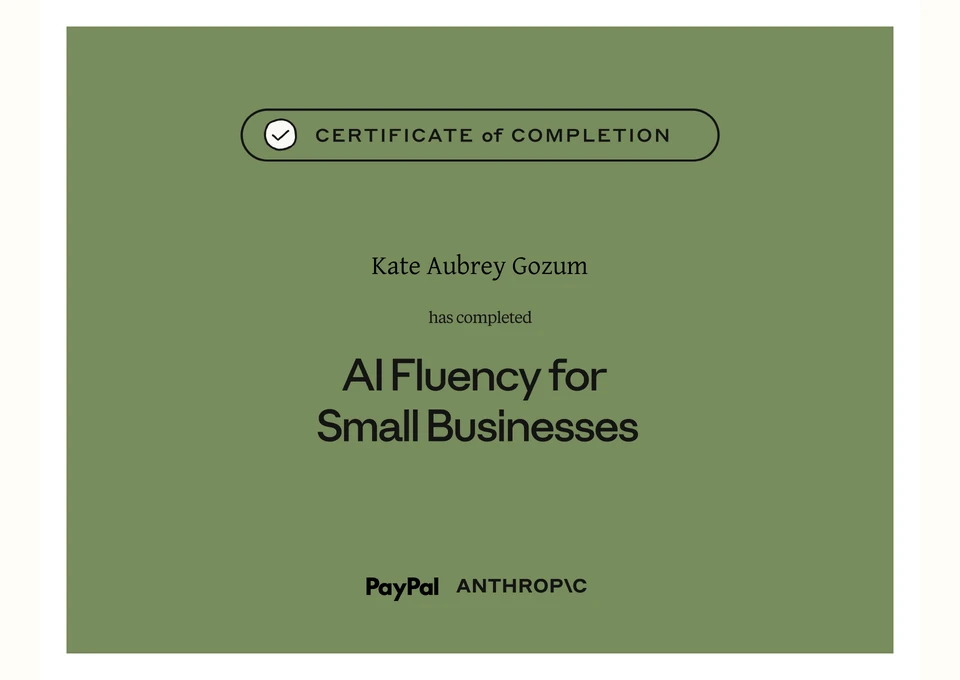 Certificate preview for AI Fluency for Small Businesses issued by Anthropic Education