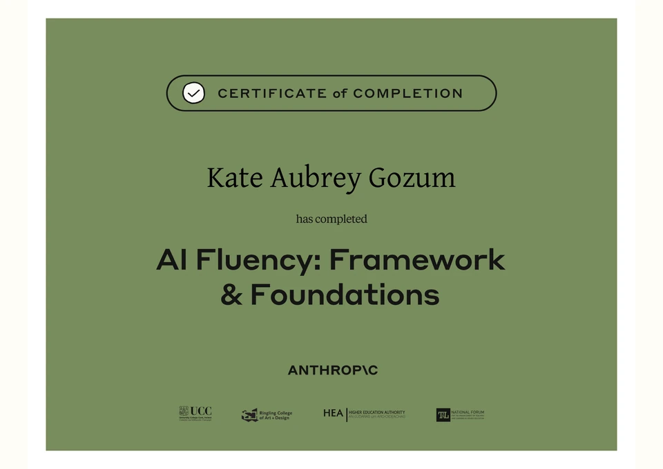 Certificate preview for AI Fluency: Framework and Foundations issued by Anthropic