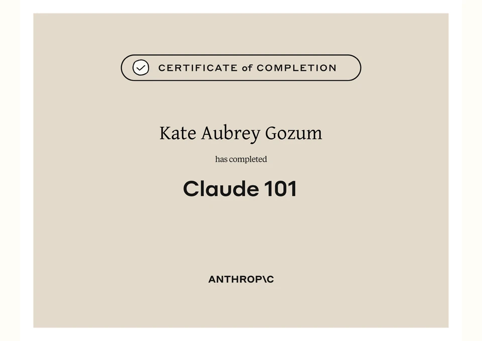Certificate preview for Claude 101 issued by Anthropic
