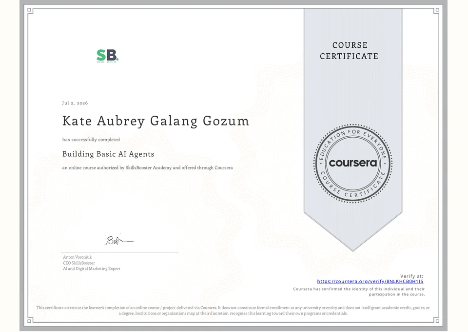 Certificate preview for Building Basic AI Agents issued by SkillsBooster Academy via Coursera