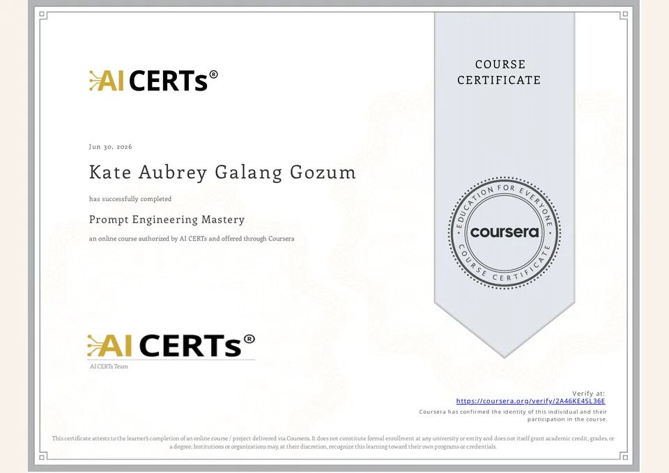 Certificate preview for Prompt Engineering Mastery issued by AI CERTs via Coursera