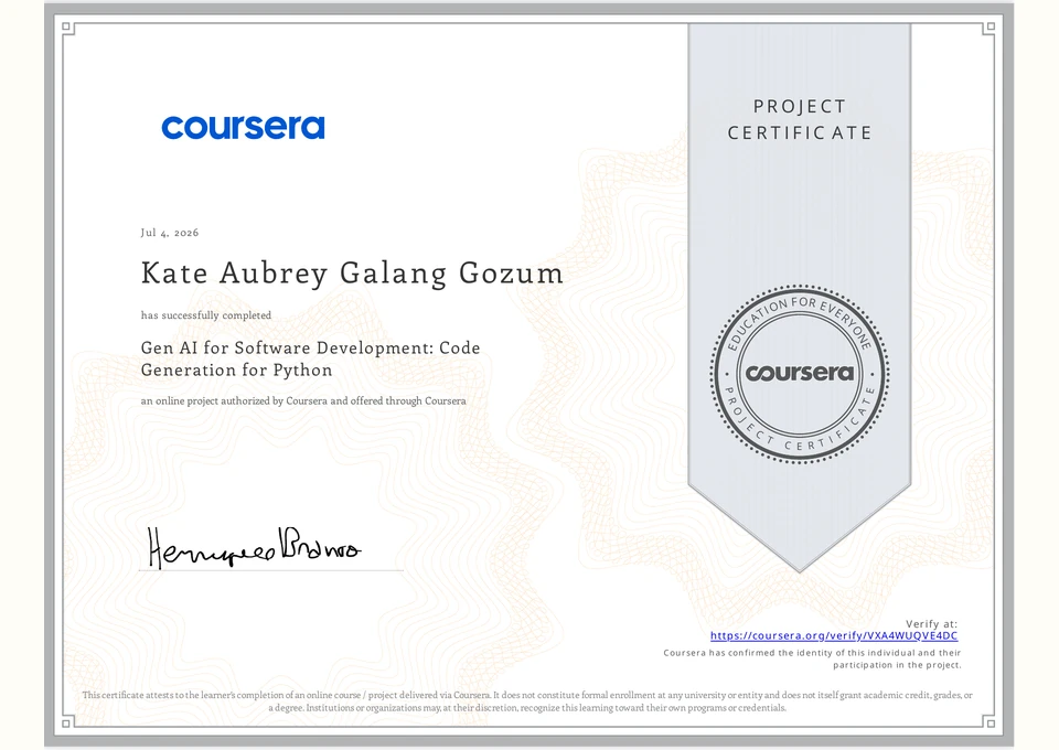 Certificate preview for Gen AI for Software Development: Code Generation for Python issued by Coursera