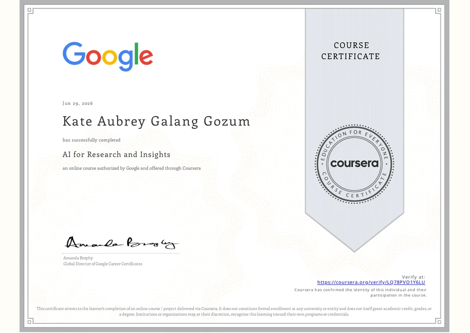 Certificate preview for AI for Research and Insights issued by Google via Coursera