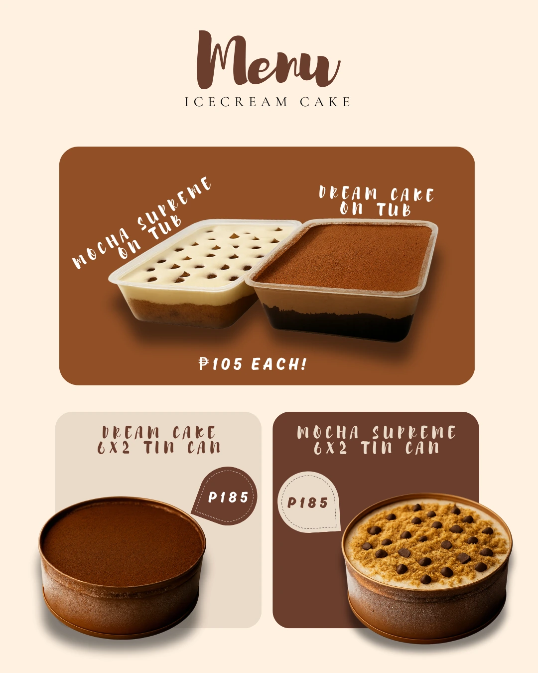 House of Treats ice cream cake menu featuring Mocha Supreme and Dream Cake products