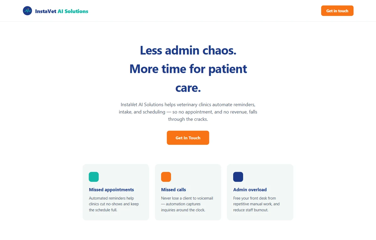 Desktop screenshot of the InstaVet AI Solutions website homepage