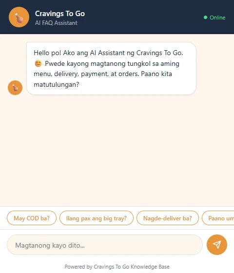 Cravings to Go chatbot prototype interface with greeting and quick inquiry prompts