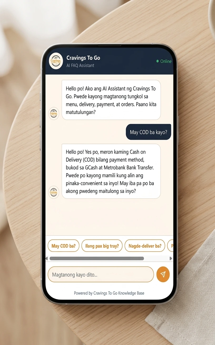 Cravings to Go AI FAQ chatbot conversation displayed on a phone