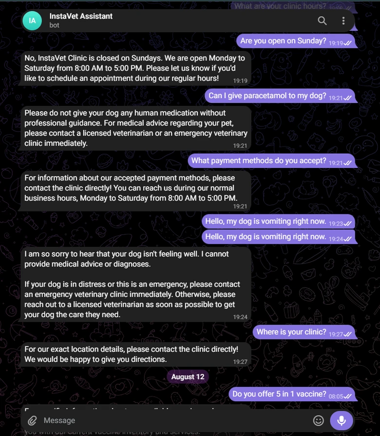 Telegram conversation showing clinic FAQ responses and medical safety guardrails