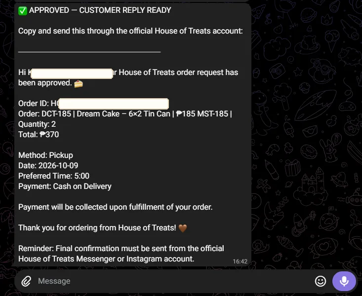 Redacted approved House of Treats customer-reply-ready message generated after owner approval