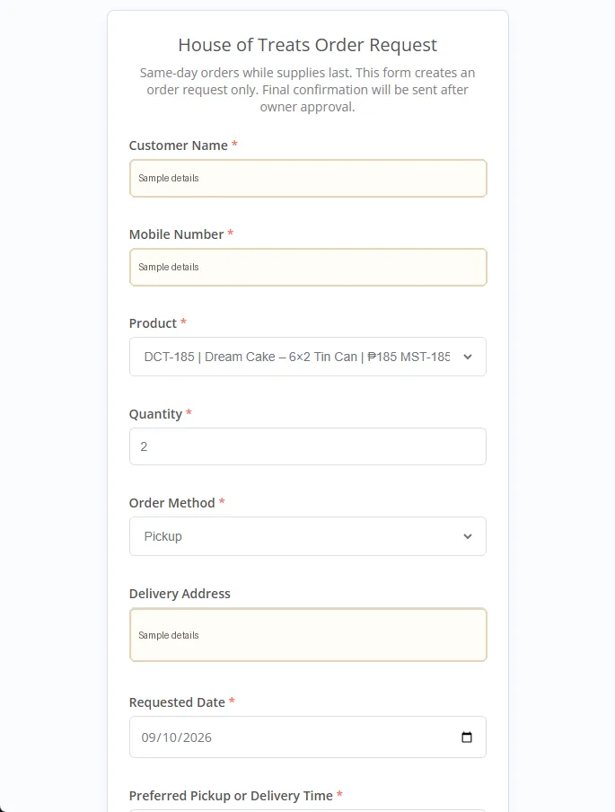 Redacted House of Treats order request form with customer fields, product selection, quantity, order method, address, and requested date