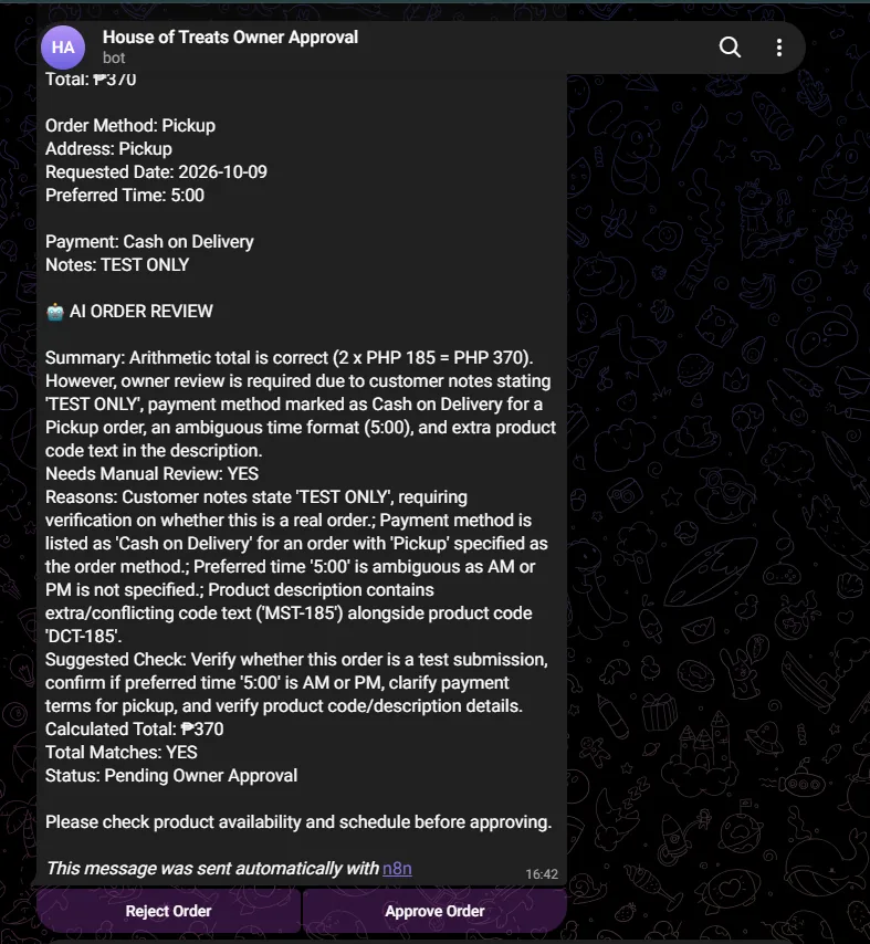 Telegram owner approval message showing AI review, manual review reasons, calculated total, and approve or reject buttons
