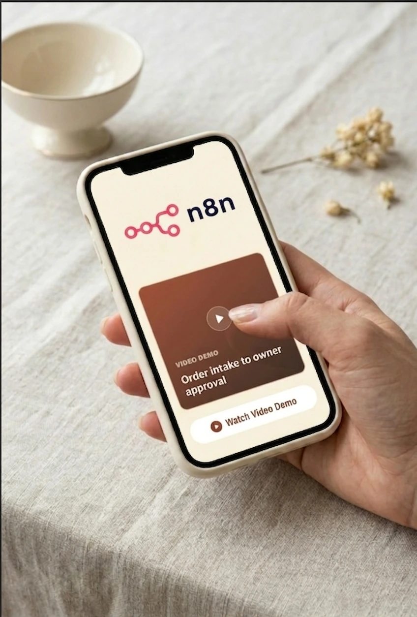 House of Treats n8n order automation video demo displayed on a phone