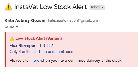 Inventory Monitoring & Selective Restock System evidence: Low-Stock Notification